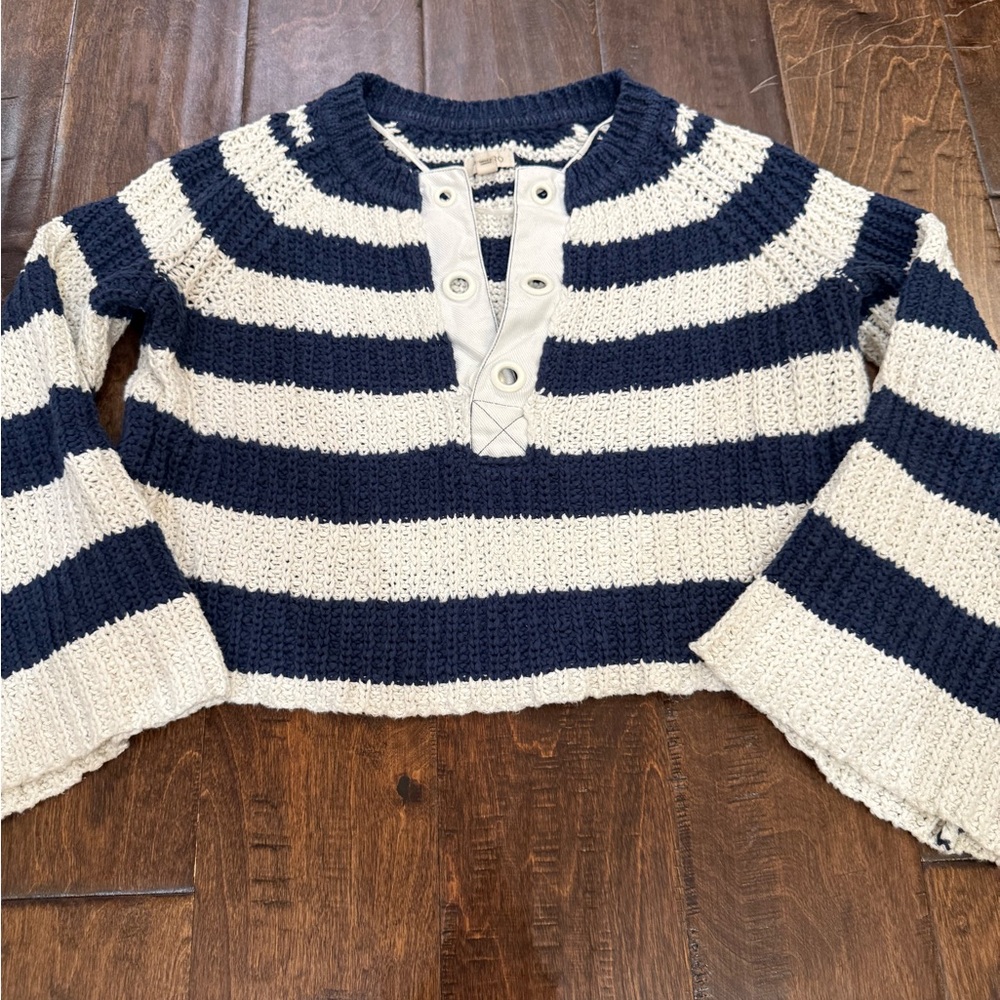 Pilcro Bell-Sleeve Henley Sweater Striped Navy Blue Cream size XXS - Picture 2 of 12